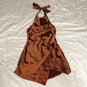 Hello Molly satin finish brown haltered dress